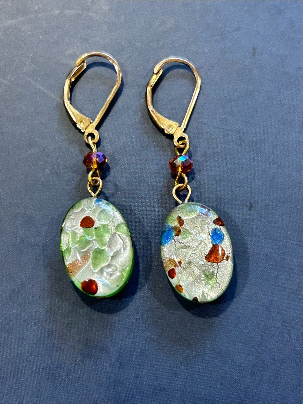 Handmade Art Glass Dangle Earrings Gold Tone Leverback Foil Multicolor